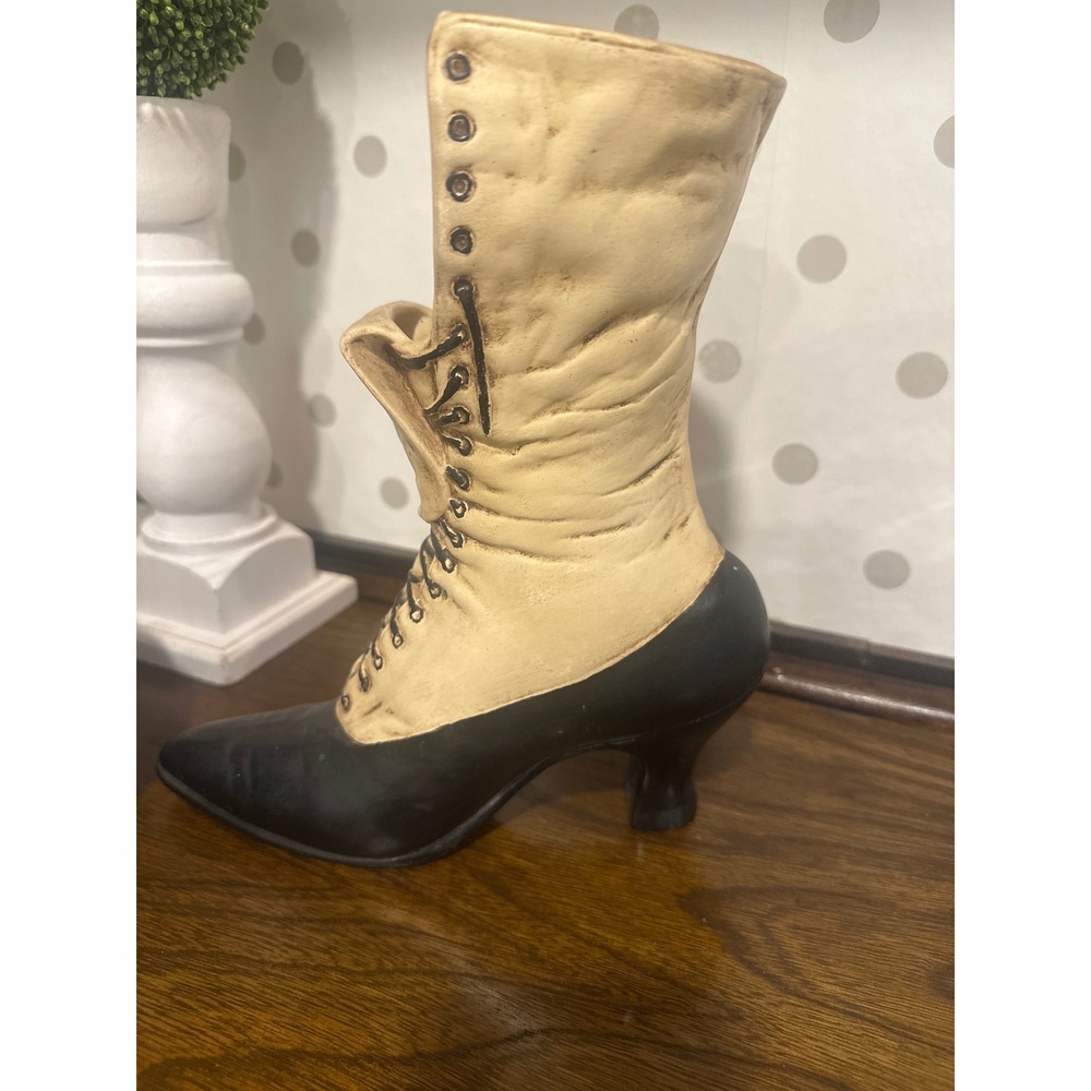 Vintage Victorian Style Ceramic Boot Vase Black Cream Lace Up Decorative Planter